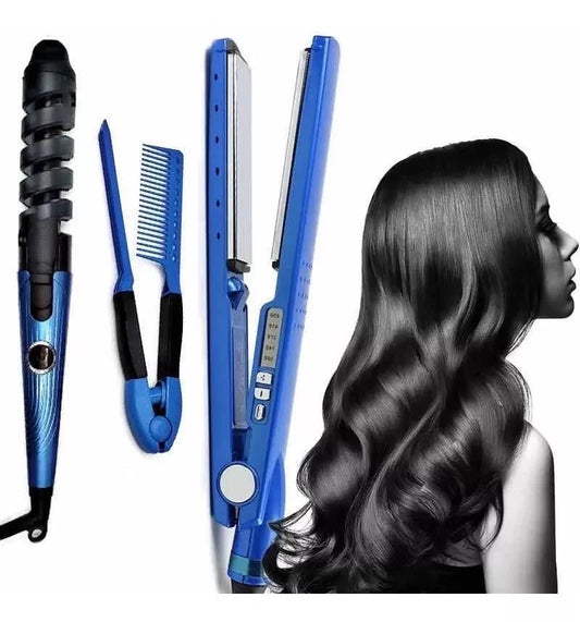 Kit de Plancha de Cabello+Rizadora+Peine